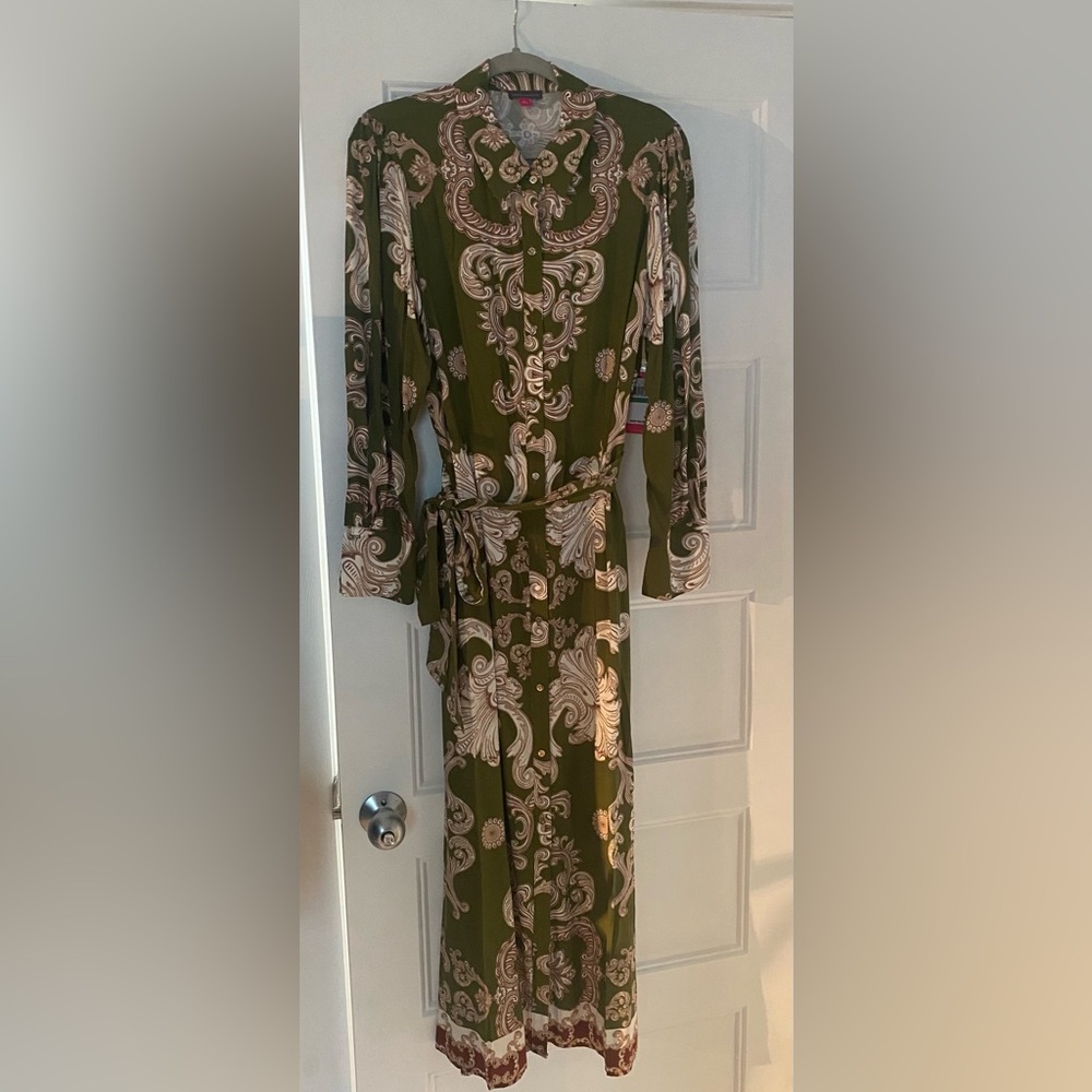 Vince Camuto Olive Green Paisley Long Sleeve Shirt Dress